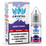 A bottle of Berry Crush Crystal Salt Nic Salt E Liquid next to its packaging box, which indicates the product contains nicotine.